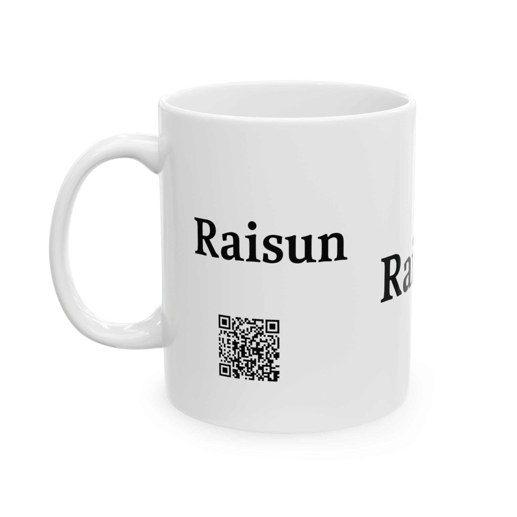 Raisun Ceramic Mug — Classic Black Text Coffee Cup (11oz, 15oz)